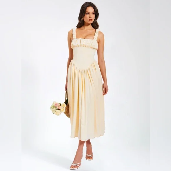 NWT Noreen cream / pastel yellow Satin Corset midi / Maxi formal Sundress - Picture 12 of 16